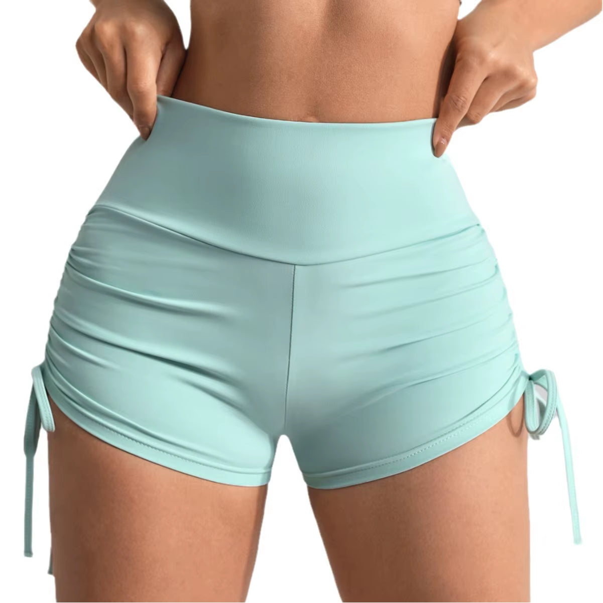Women'S High-Waisted Ruching Yoga Shorts Tight Workout Running Gym Shorts with Tie Detail Summer Fitness Stretch Activewear